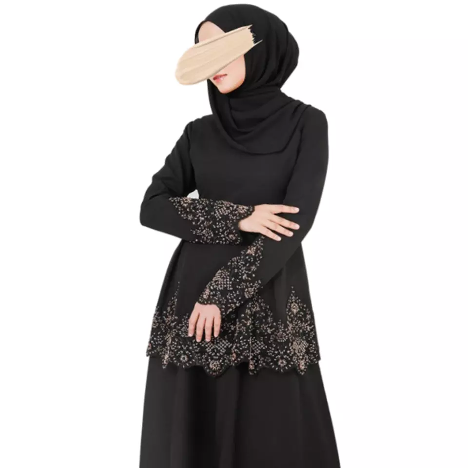 SIPO Black Premium Chiffon with Beads Design Half Rubber Long Embroidery Sleeves and Hem for Malaysia Muslim Baju Kurung