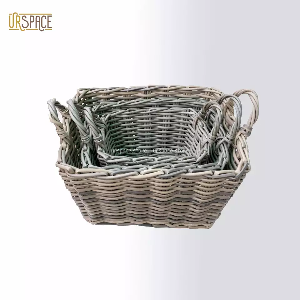 Grey color Stackable Hand-Woven Resin Basket with Handle For Organize kitchen or bathroom stuff 3pcs Set