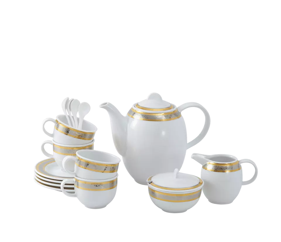 Minh Long I 15 Pieces Assorted Premium Porcelain with Elegant Rose Trim Tea Set, Service for 4, Coffee Teapot Creamer Mug Cups