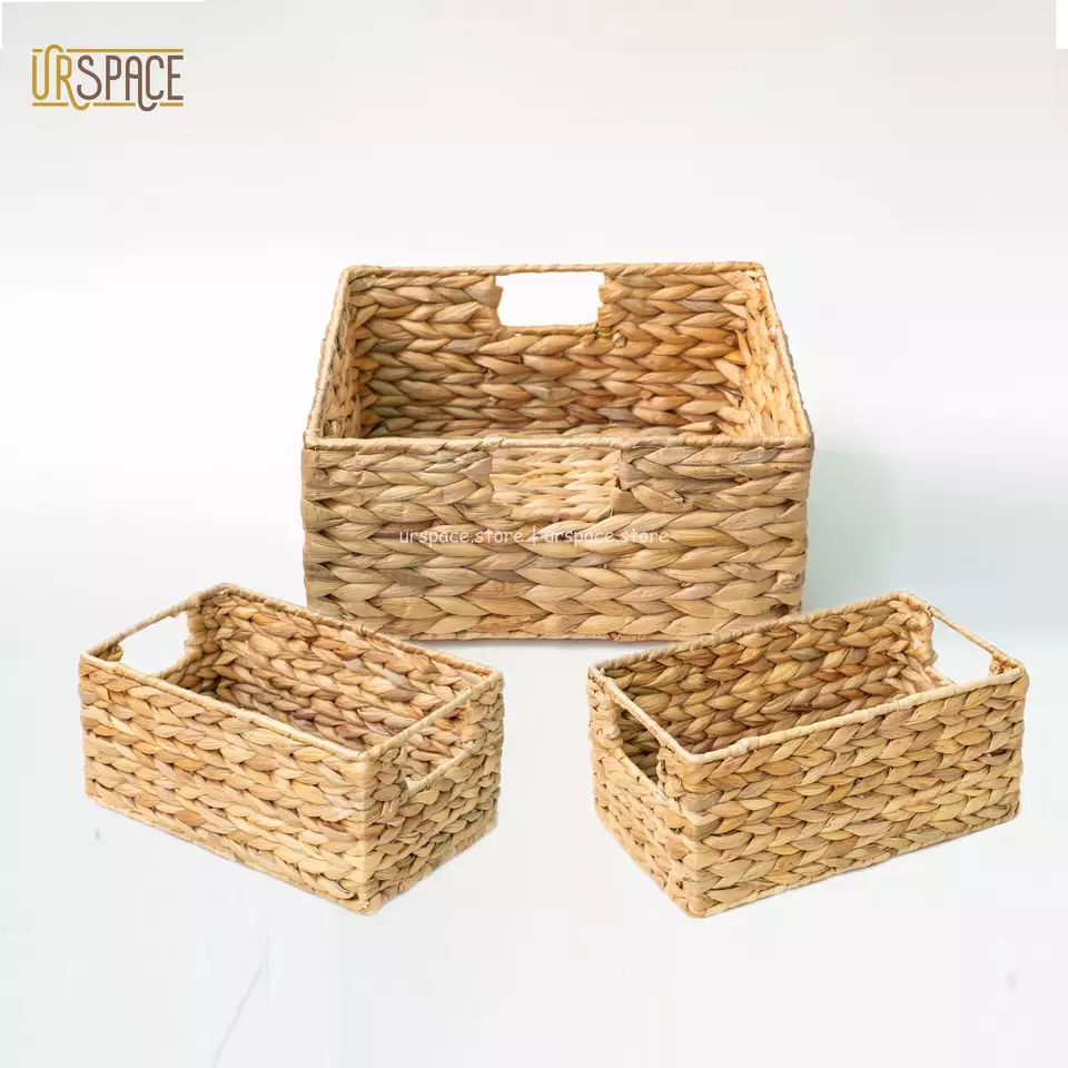 Eco-friendly Set of 3 Rectangular Water Hyacinth Tray Storage Baskets With Iron frame Hole Handles