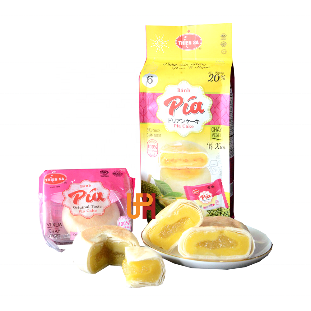 Cool Dry Storage Fruit Cake Type Big size Mung Beans Durian pia cake - Thien Sa Pia Cake Vegan 260g (Green bean, Durian)