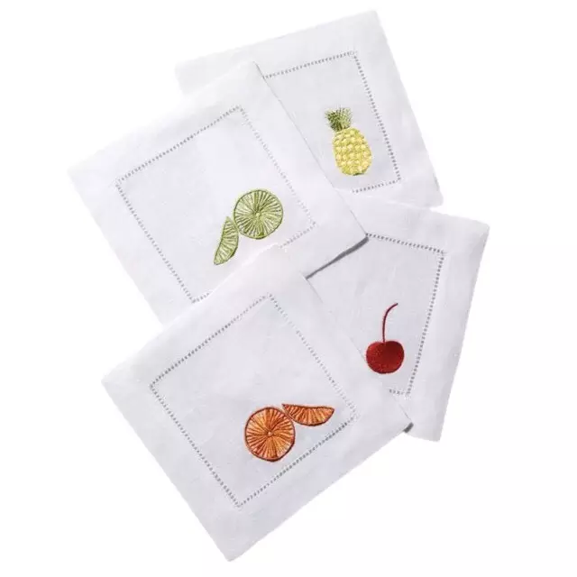 Embroidered Handmade Cotton Cocktail Napkin with Hemstitch and Fruits Pattern