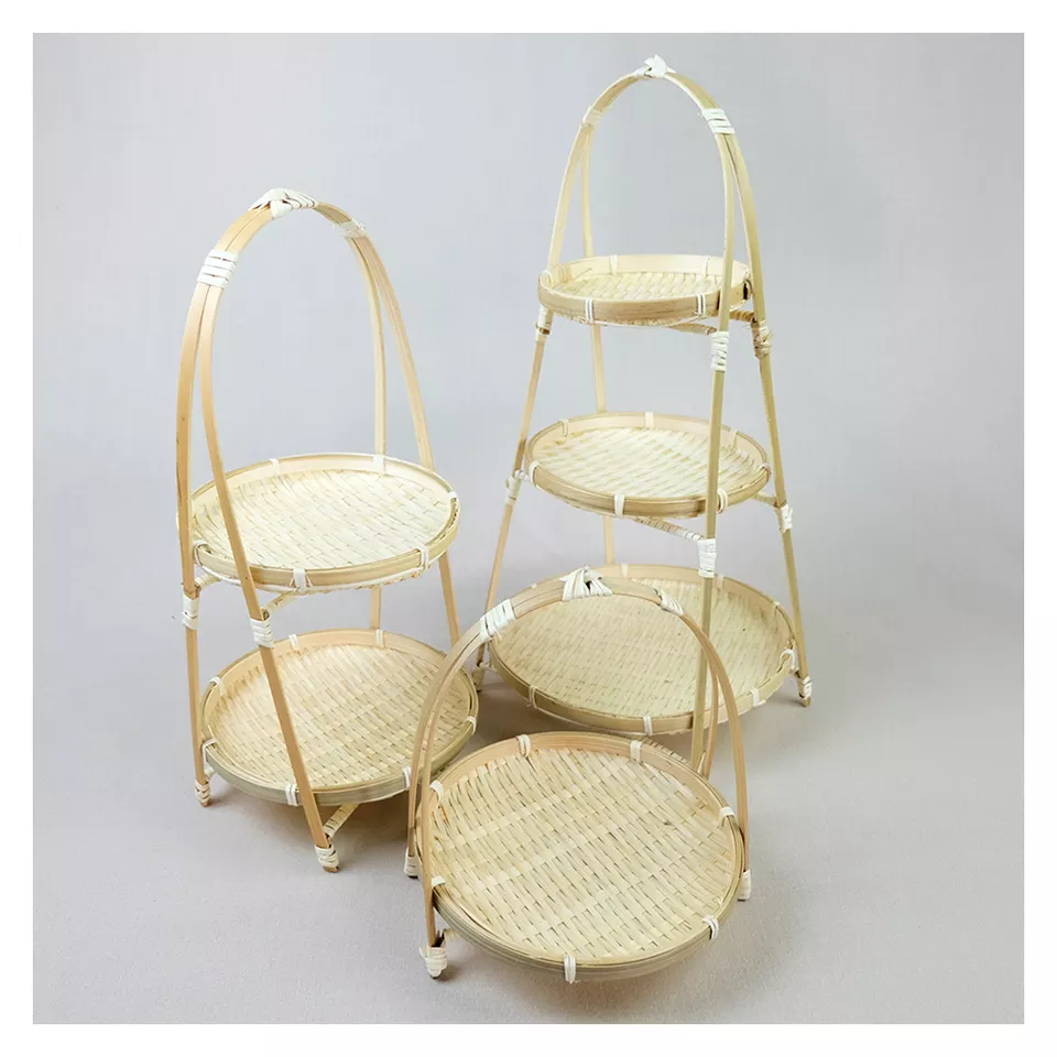 Non-toxic Natural Vietnamese 3 floor Bamboo Food Basket With Handles Best quality bamboo woven coaster Teacup mat Coffee storage