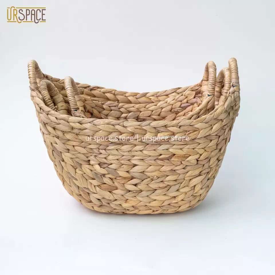 Hand Woven Set of 3 Water Hyacinth Storage Basket With Handles For Holding Fruits Kitchen Stuff