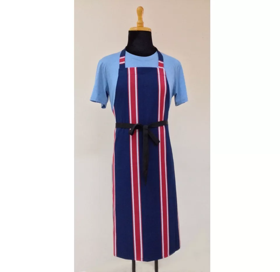 The latest model - Polycotton fabric Darkblue and Red, White stripes apron