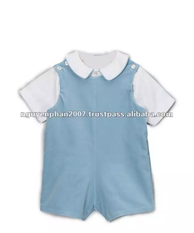 White Shirt & Light Blue Velvet Shortalls - Infant & Toddler