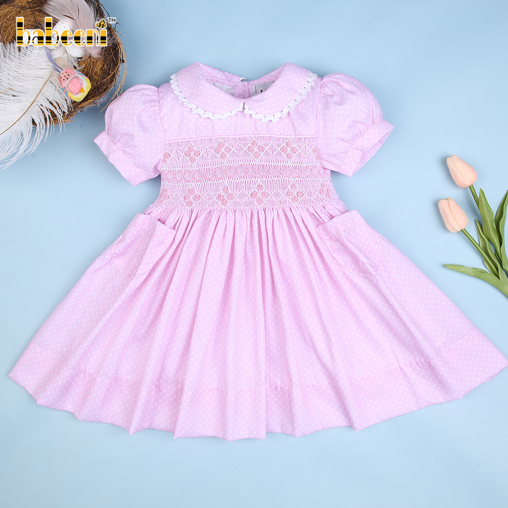 Pink polka dot geometric smocked dress OEM ODM customized hand made embroidery wholesale smocked dresses - BB2540