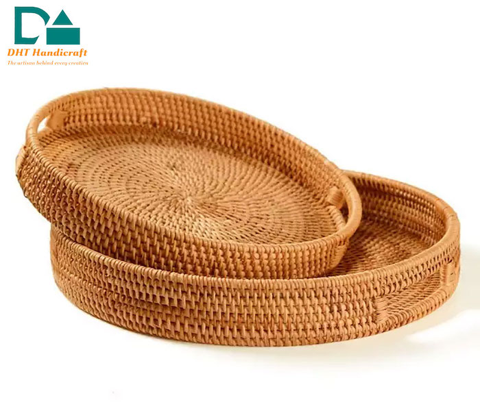 Food Serving Tray Rattan Material Traditional Design Natural Color Round Rattan Tray With Free Samples