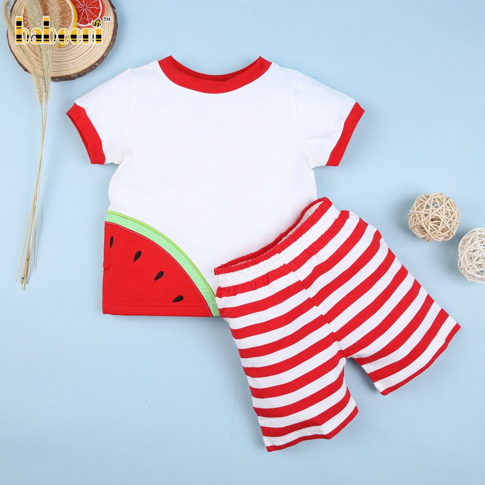 Nice kid clothing design for summer with watermelon applique short set - BB540