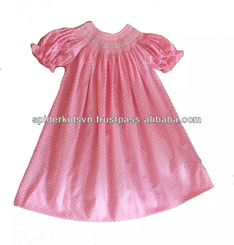 Infant/Toddler Girl Pink Micro Check Smocked White Polka Dot Bishop Dress