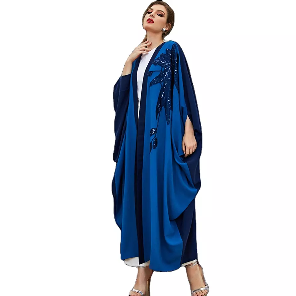 SIPO Muslim Abaya Dubai 2022 Wholesale Splicing Dark Blue Floral Abayas Ethnic One Size Maxi Dress Irregular Desgin