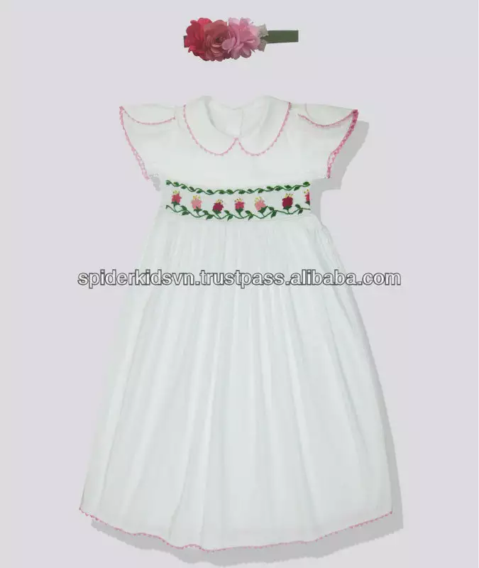 Infant/Toddler Girl White Smocked Roses Sleeve Dress