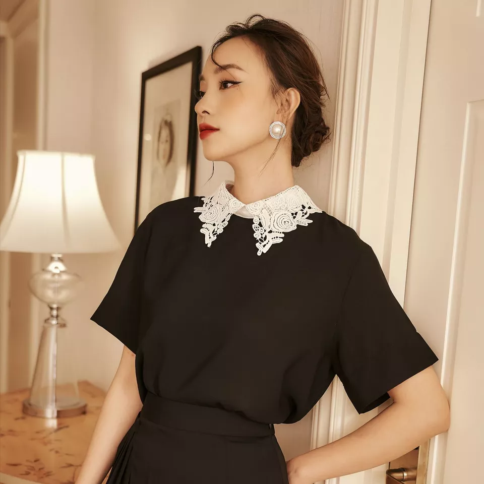 Hot Sale Office Lady Elegant 2021 Women Ladies Elegant Black Shirt Mix Impressive Lace Collar