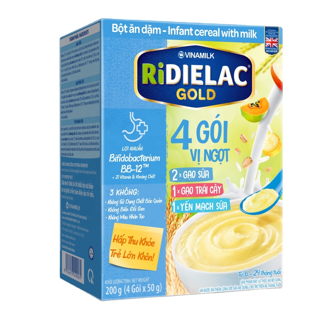 Infant Cereal - Baby Food - Vinamilk - Ridielac Gold - Combine 4 fflavors - Packing 200g per Box x 24 Boxes ISO HALAL FSSC