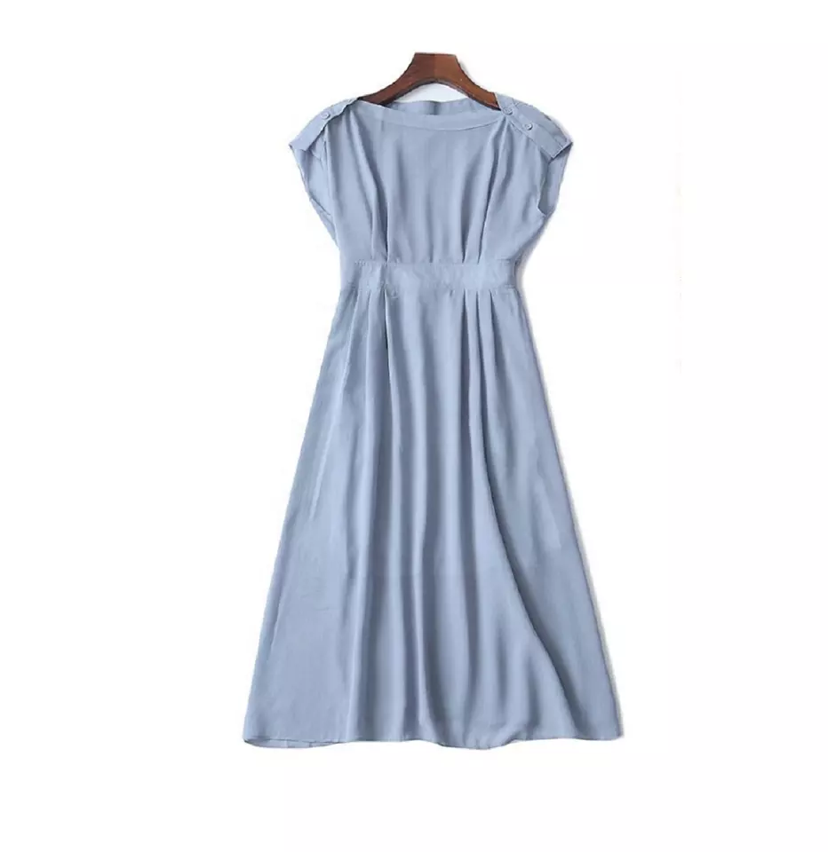 Button design popular round neck short-sleeved dress women's mid-length solid color skirt cotton casual dress OEM for women