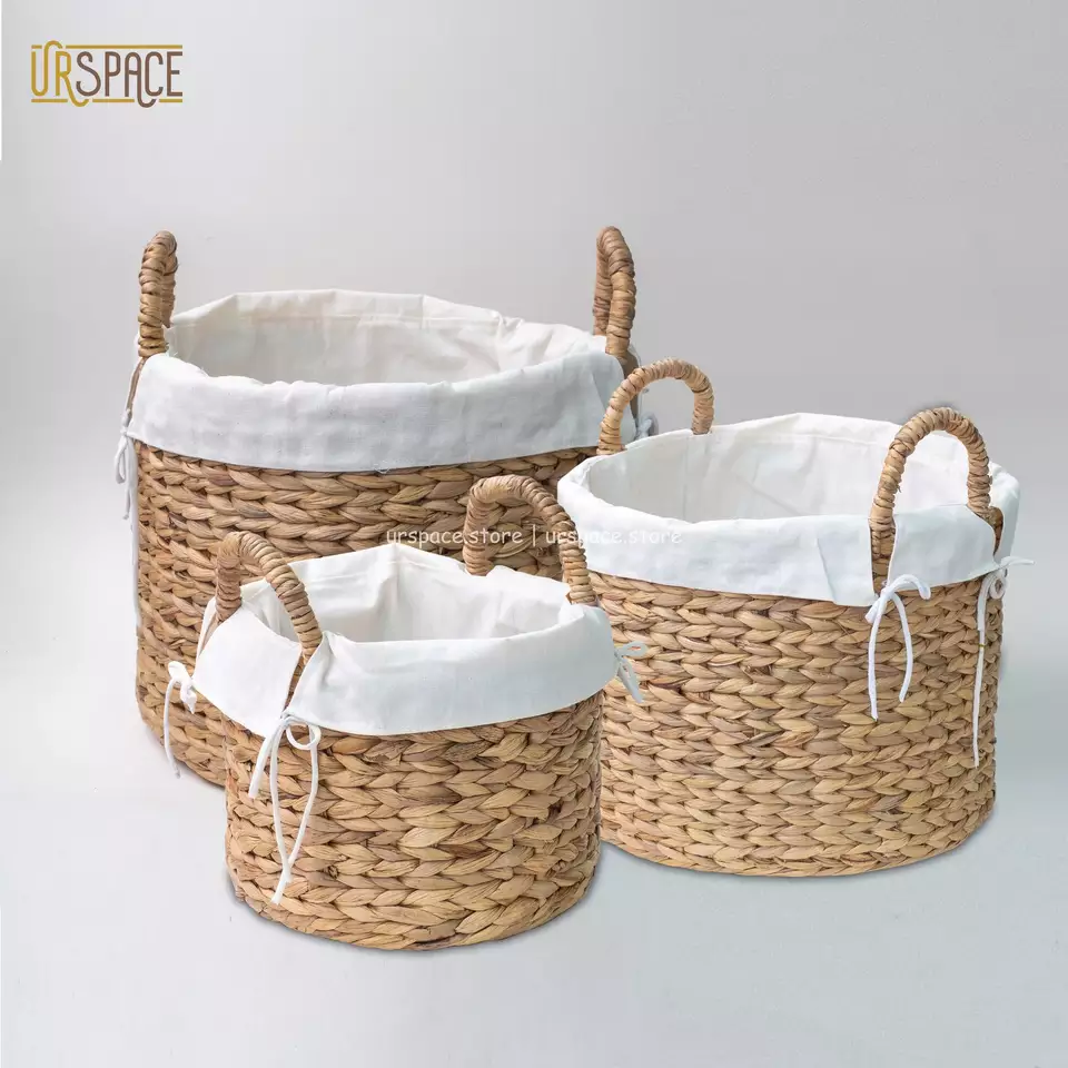 Set of 3 piece round water hyacinth storage basket with liner For Holding fruits food kitchen stuff bathroom stuff
