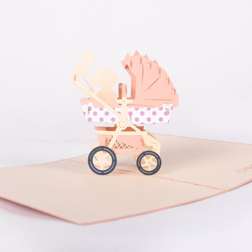 Baby Shower Card 3D Laser Cut Pink Pram Pop Up Card Vietnamese Handmade Card