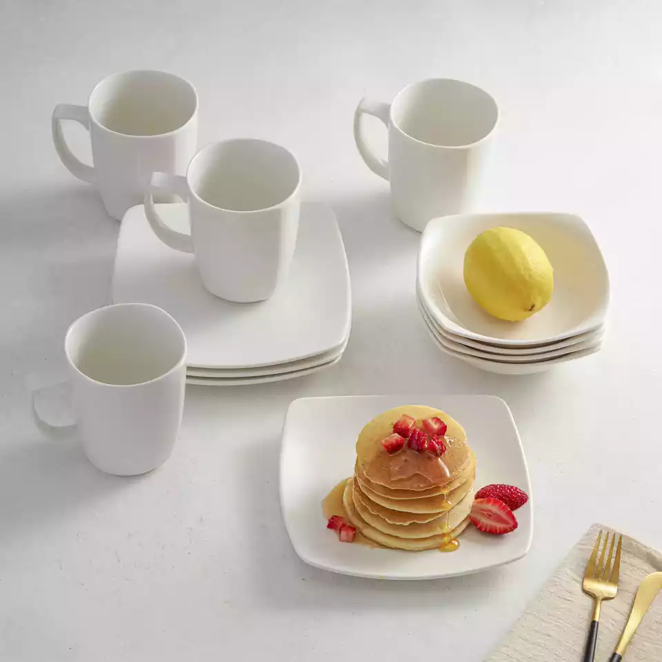 Minh Long I 12 Pieces Assorted Premium Porcelain Dinnerware Set, Service for 4, Square Platter Plates Bowls Mugs Cup
