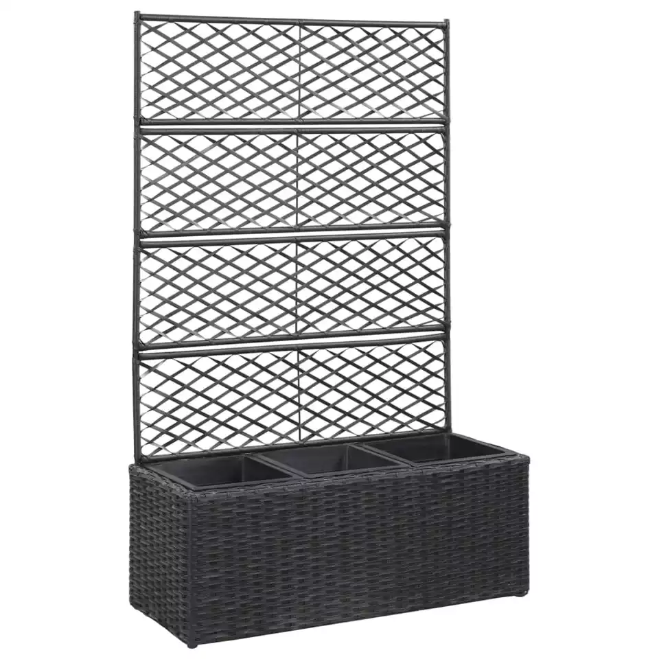 Trellis Raised Bed with 3 Pots 32.7x11.8x51.2 Poly Rattan Black - Hot Selling and Export to all of EU - Asia