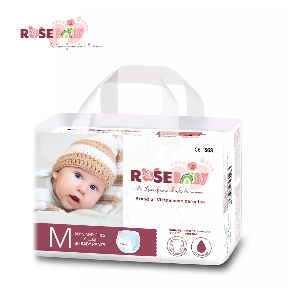 Hygiene Product 1.8ml Thin Super soft 3D Leak Prevention Channel Dry Surface size M Rose Baby diaper With 30 pieces From Vietnam