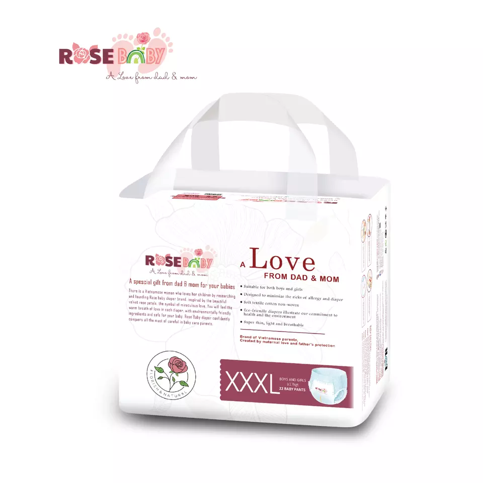 Super soft Cotton Vietnam 3D Leak Prevention Channel Dry Surface Hygiene Products Rose Baby diaper size XXXL With 22 pieces