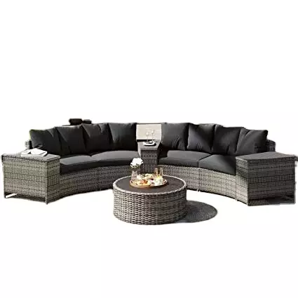 Rattan Garden Furniture Set, Fan-shaped Rattan Sofa with Round Coffee Table Garden Furniture Set and Grey Anti-UV Cushions