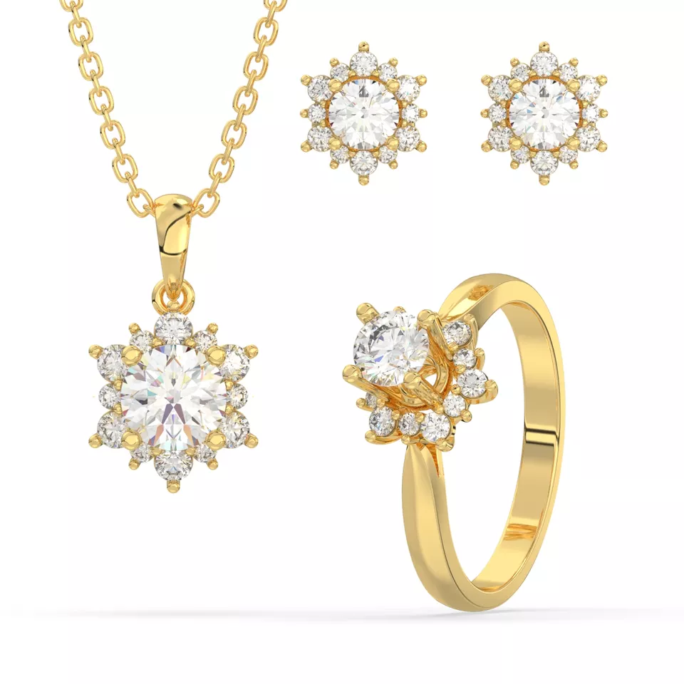 Luxury Fashion Elegant Style 10K Solid Gold Flower Shaped Zircon Stone Fine Jewelry Sets For Women