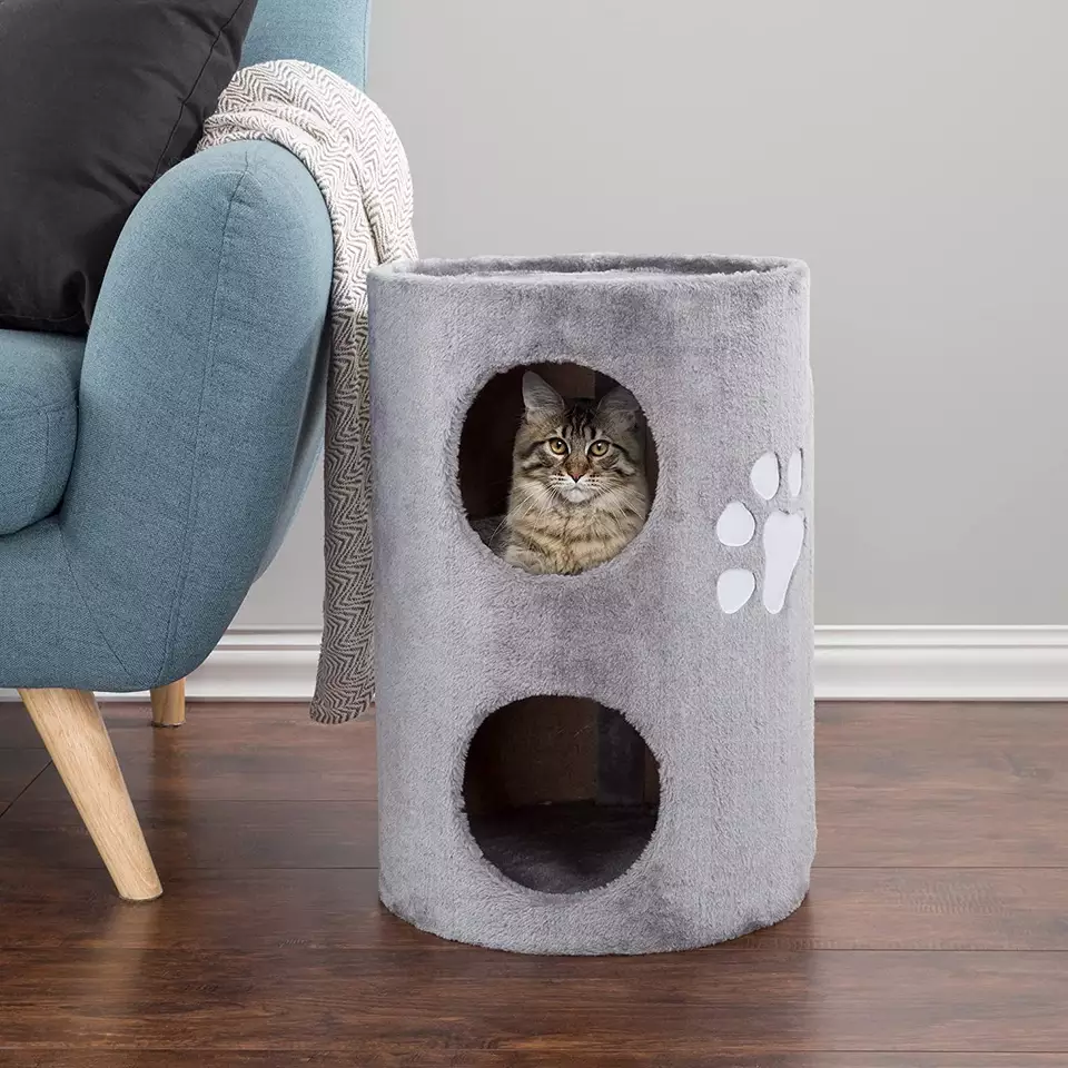 Amazon Hot Cat Condo Cat House with Sisal Scratch Pad, Barrel Shaped Pet House Covered in Soft Fabric