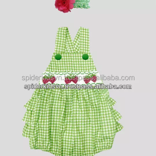 Infant/Toddler Girl Green Gingham Smocked Strawberry Bubble Rompers