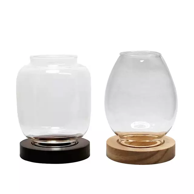 Vietnam Custom Luxury Cylinder Decorative Tea Light Wooden Stand Clear Glass Candle Holder
