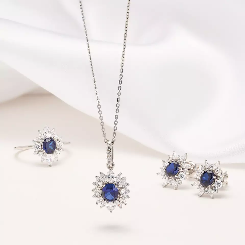 Gemstones Jewelry Collection Solid White Gold With Oval Sapphire Stone Jewelry Set Necklace/ Earrings/ Ring Set HTJ Brand PTB292