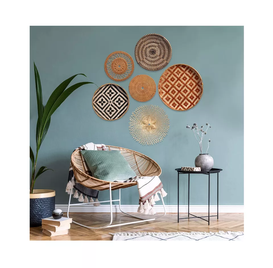 Mix Set of 6 Wall Hanging Decor Items Wall Decor Basket Trays Sturdy Hanging Woven Elegant 100% Handmade Accent Boho Wall Basket