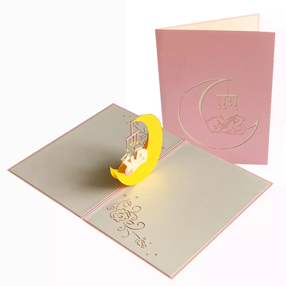 Pop-up Baby birthday card PGR-7509 Pink, 3D Pop up Paper Greeting Cards, Wholesale