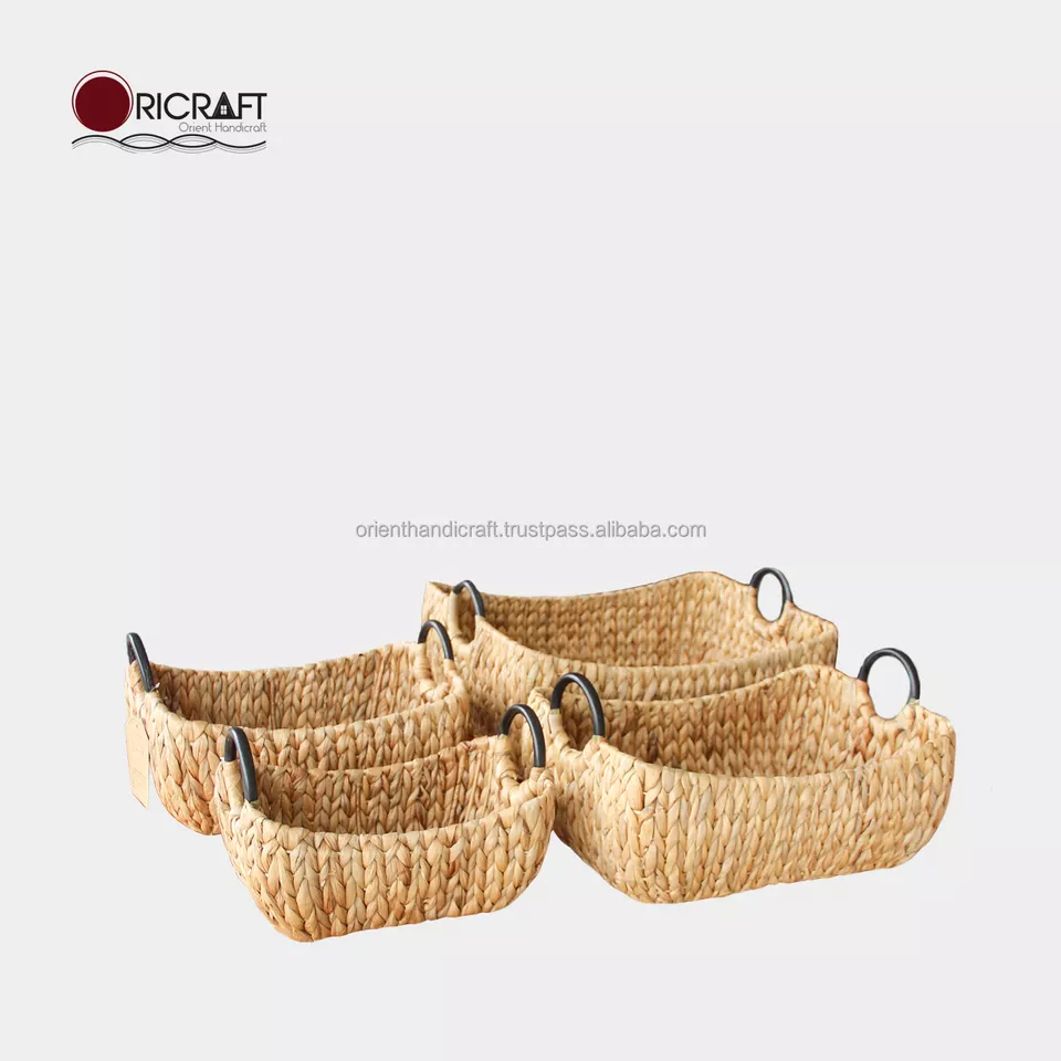 CAVIANA Boat Water Hyacinth Storage Basket with Black Handles (set of 4)