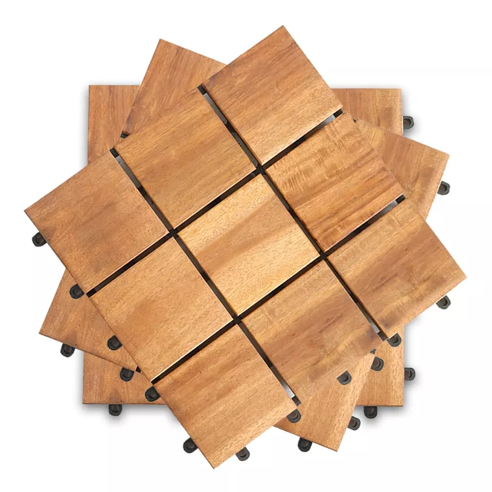DIY Interlocking Plastic Wood Deck Tiles 9 Slats Waterproof and UV Resistant for Parquet and Outdoor Flooring