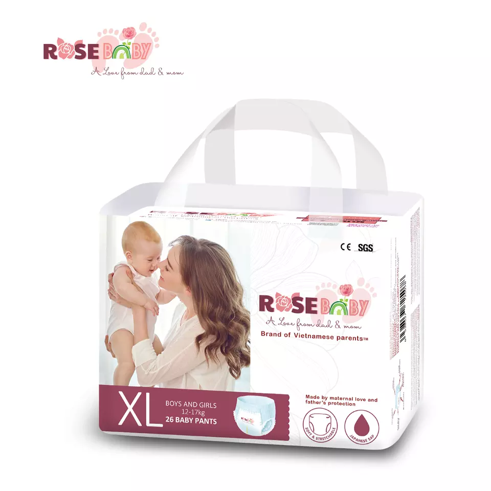 Viet Nam 3D Leak Prevention Channel High Quality 1.8ml Thin Dry Surface Hygiene Products size XL Rose Baby diaper With 26 pieces