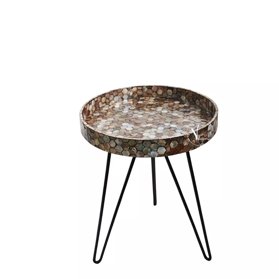 Best Selling Grey-Brown Round Side Table | Living Room Tray Table with Mother of Pearl Inlay