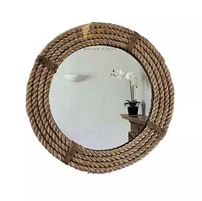 Decorative Small Round Wrapped Rope Mirror with Hanging Loop Vintage Nautical Design From Vietnam