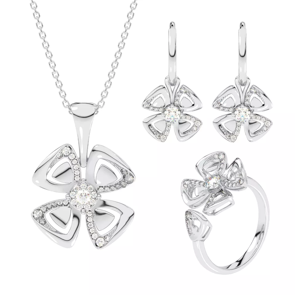 New Fashion Four Leaf Clover Real 10K White Gold Cubic Zirconia Fine Jewelry Set Vintage For Women