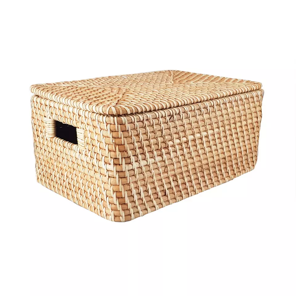 Natural bamboo and rattan storage basket with lid, woven by hand cheap price with high quality