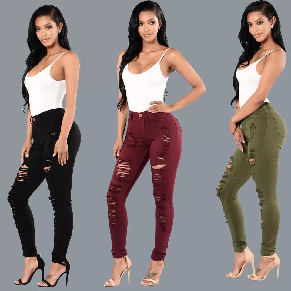 Plus Size 2021 Slim Multi colored Ripped Jeans Tiny Feet Plus Size Women High Waist Jeans Stylish