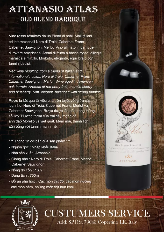 Using for table wine with dry taste grilled dishes flavoring red wine price Attanasio Atlas old Blend Barrique from Italy