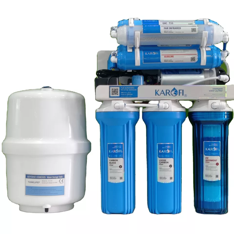 KAROFI 9 Stages Ro Water Filter Machine with Alkaline Filter from Vietnam USA 100 GPD Membrane Plastic 20 L/hour Productivity