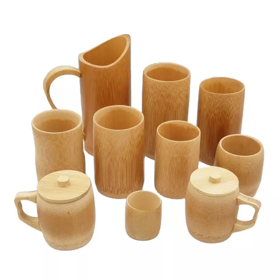 Wholesale Custom Reusable Natural Bamboo Mug Home Hotel Restaurant Bar Event Bamboo Cup With Lid in Opp bag Kraft Paper Box