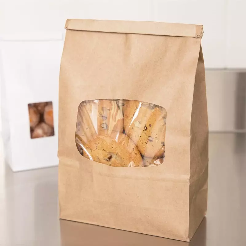 Wholesale food packaging stand up pouch plain brown kraft paper bag with clear window for tea, snack