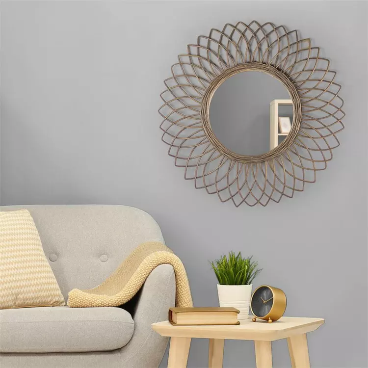 Vietnamese Nature Rattan Full Mirroring Round Glasses Framed Wall Mirros Wall Hanging Decorative for Living room