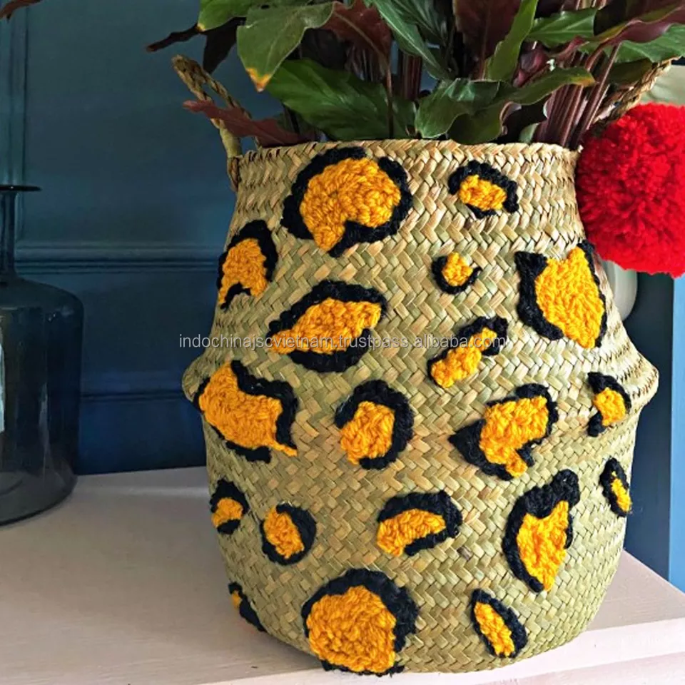Seagrass Belly basket Leopard Print With Red Pom Pom Basket storage wholesale 2021