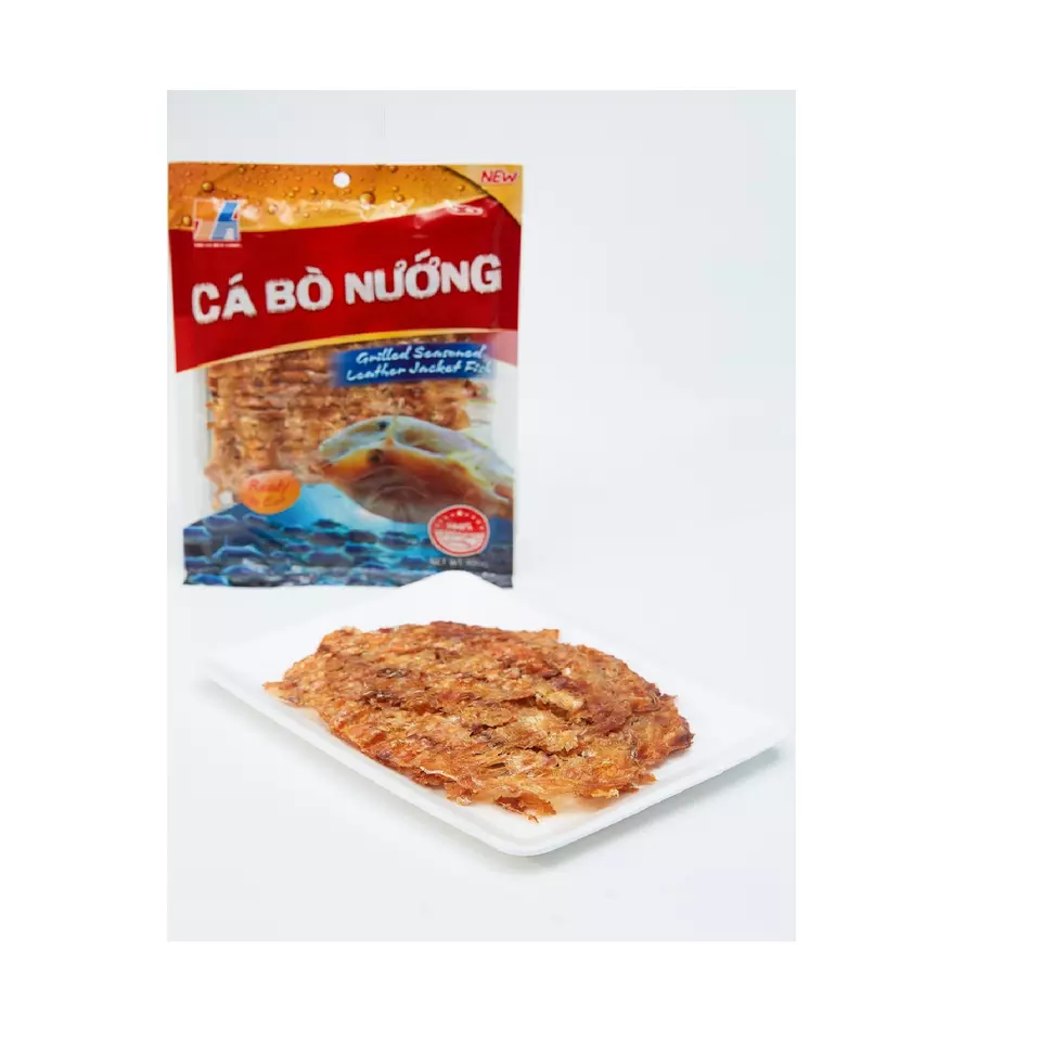 Best Selling Delicious Fish Seafood Snacks Low-fat Low-crab Grilled Seasoned Leather Jacker Fish from Vietnam in Bulk