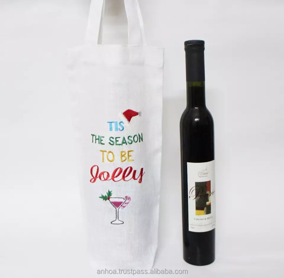 Christmas wine bottle bags, linen wine tote bag