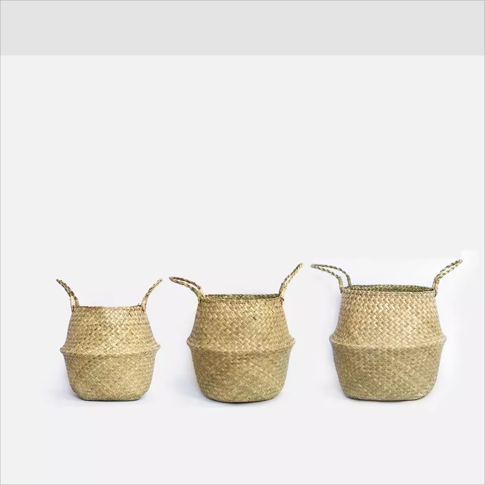 Hot-selling big round woven straw seagrass belly basket for laundry storage or planter pot
